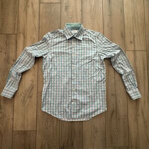 Robert Graham Shirt Mens 38 15 Regular Plaid Flip Cuff Button Long Sleeve Teal